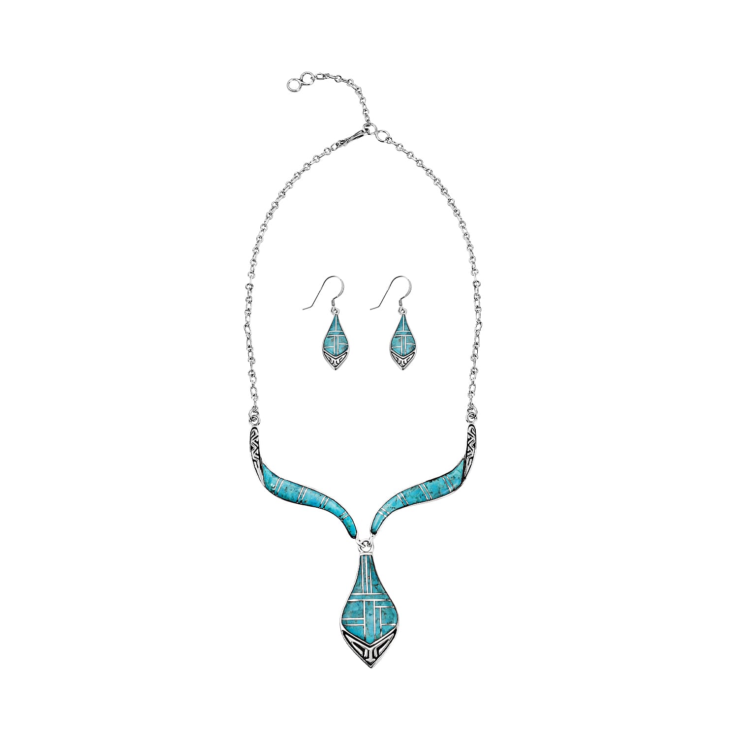Santa Fe Collection - Artisan Crafted Kingman Turquoise Necklace (18-2 Inch Ext.) and Earrings in Sterling Silver 22.00 Ct, Silver Wt 33.00 Gms