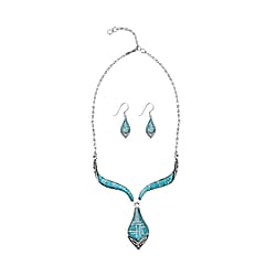 Santa Fe Collection - Artisan Crafted Kingman Turquoise Sterling Silver With Oxidized Earrings (with Hook) and Necklace (18 With 2 Inch Extender) 22.00 Ct, Silver Wt 33.00 Gms