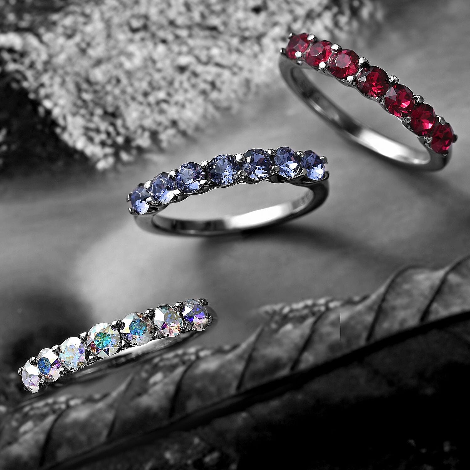 3 Piece Set - J Francis - AB Crystal, Tanzanite Colour Crystal, Ruby Colour Crystal Half Eternity Rings