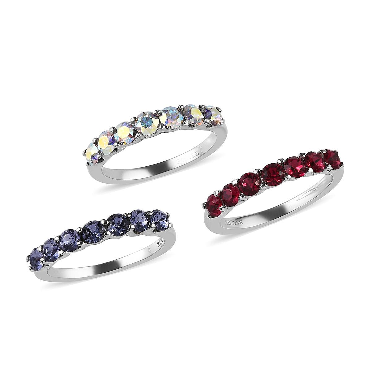 3 Piece Set - J Francis - AB Crystal, Tanzanite Colour Crystal, Ruby Colour Crystal Half Eternity Rings