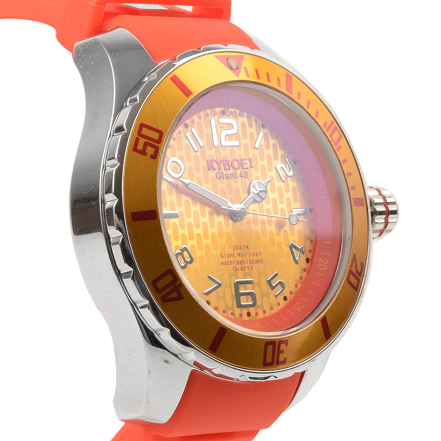 KYBOE Japanese Movement 100M Water Resistant Silver Flare LED Watch in Stainless Steel with Rotating Bezel and Red Strap - 48MM