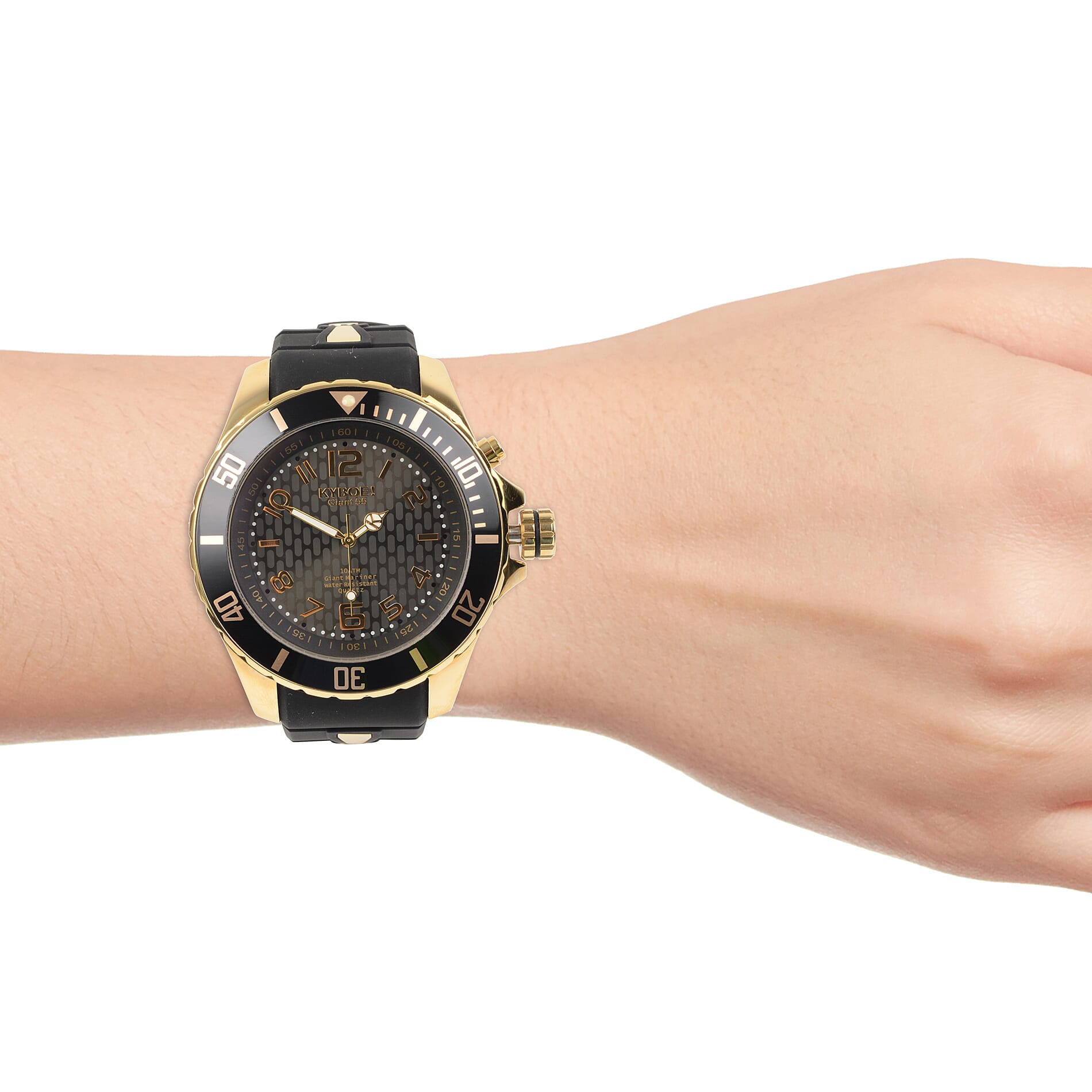 KYBOE Japanese Movement 100M Water Resistant Gold Shade LED Watch in Stainless Steel with Rotating Bezel and Black Strap - 55MM