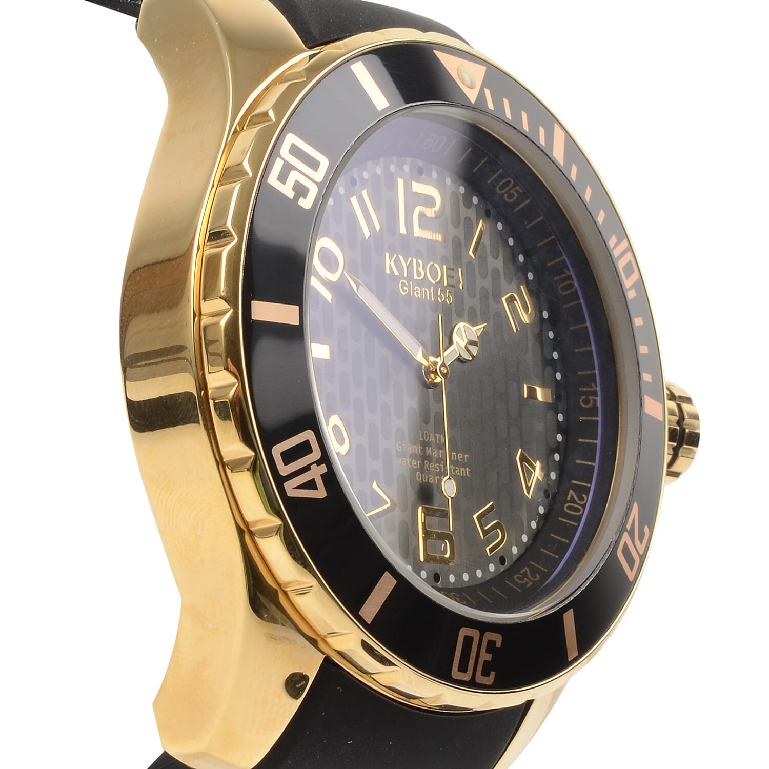 KYBOE Japanese Movement 100M Water Resistant Gold Shade LED Watch in Stainless Steel with Rotating Bezel and Black Strap - 55MM