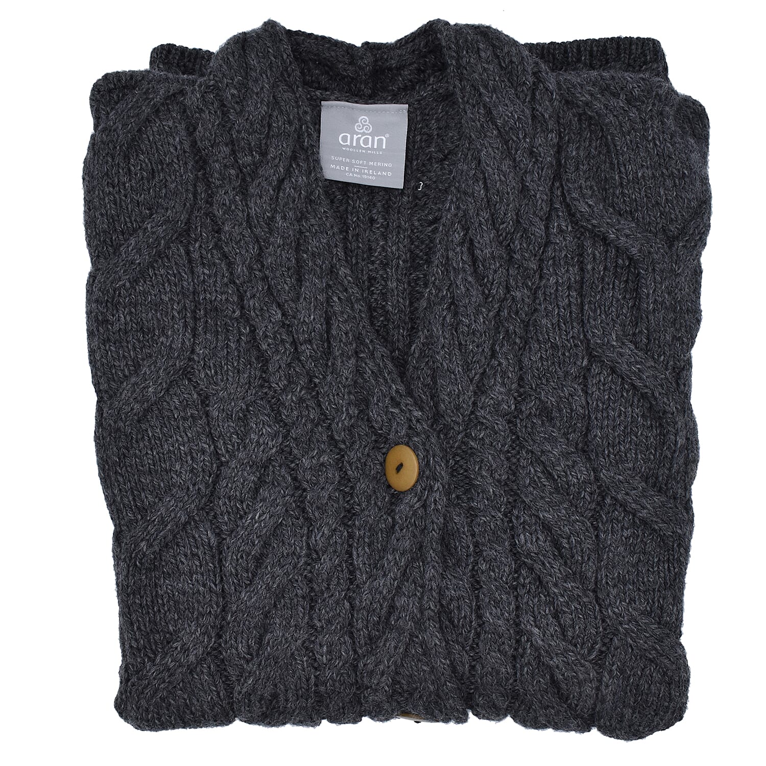 Aran Woollen Mills Merino Wool Ladies Sleeveless Cardigan (Size Medium, 68x48 Cm) - Charcoal
