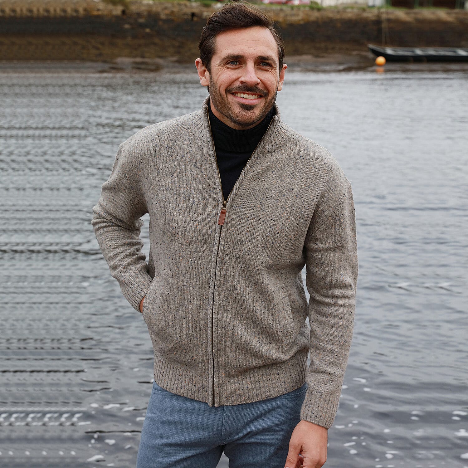 Aran Woollen Mills Merino Wool Zip Sweater (Size Small, 63x54 Cm) - Beige