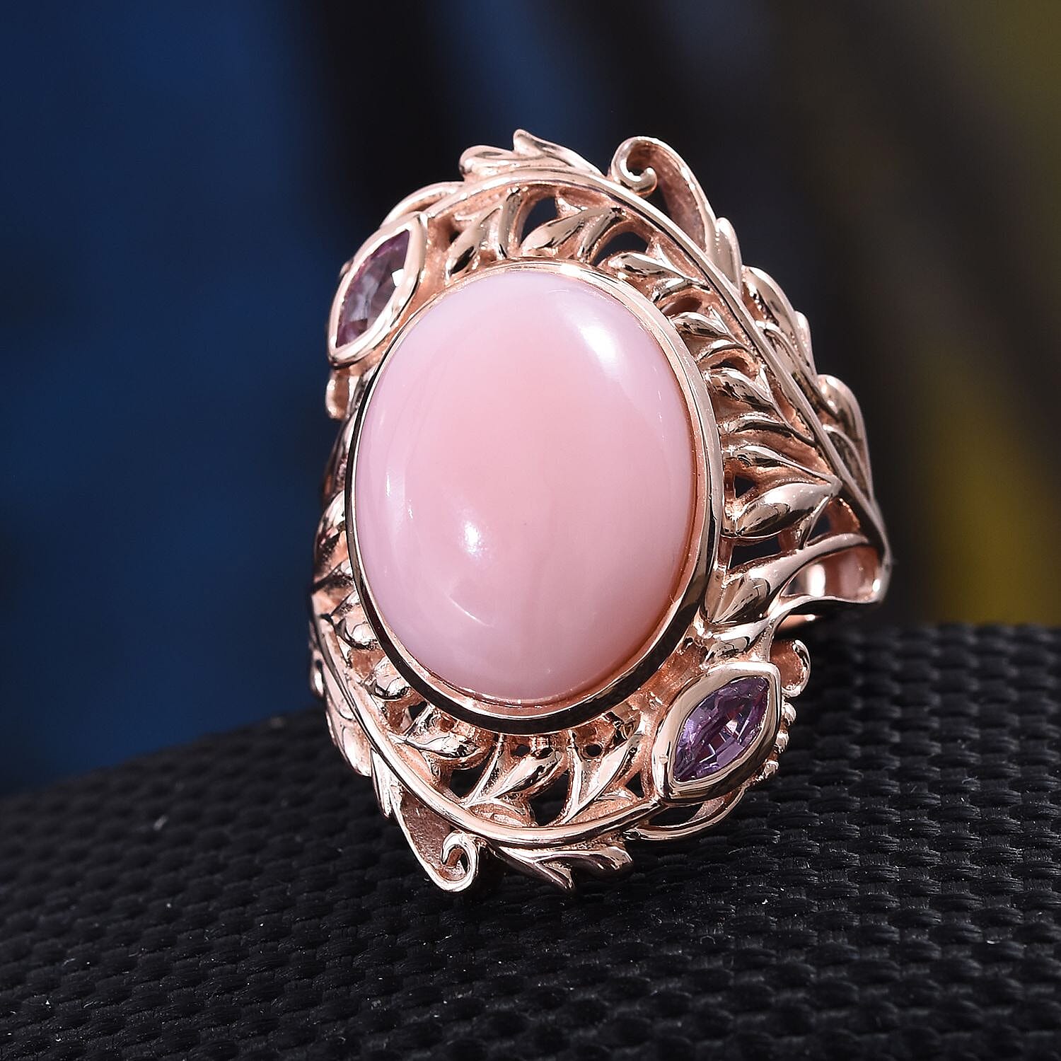 Peruvian Pink Opal (Ovl 16x12mm), Pink Sapphire Ring in Rose Gold Overlay Sterling Silver 7.50 Ct, Silver wt 8.06 Gms