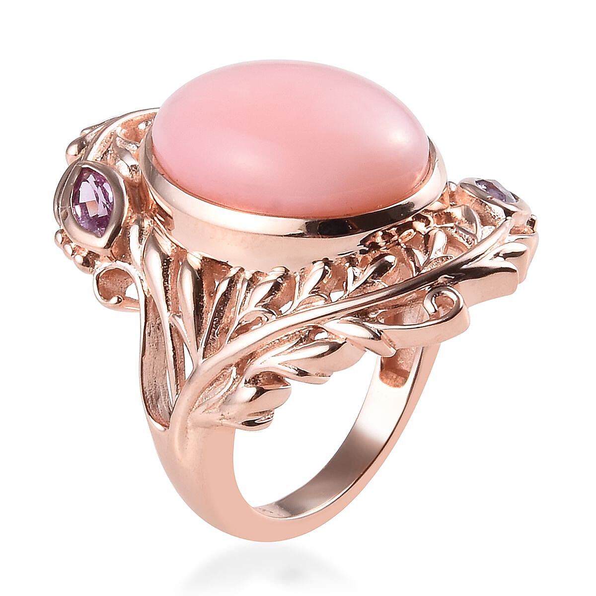 Peruvian Pink Opal (Ovl 16x12mm), Pink Sapphire Ring in Rose Gold Overlay Sterling Silver 7.50 Ct, Silver wt 8.06 Gms