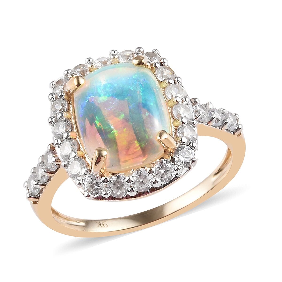 AAA Ethiopian Welo Opal and White Zircon Halo Ring in 9K Yellow Gold  Grams,3 Carat