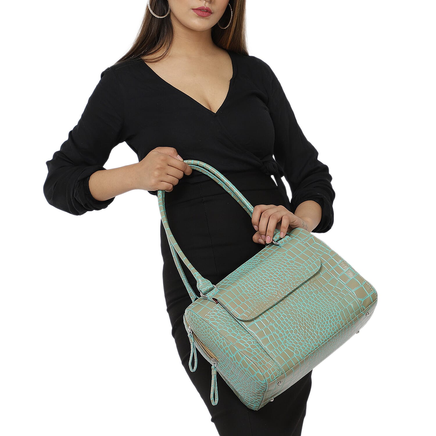 100% Genuine Leather Two Tone Shoulder Bag (Size 29x12x23 Cm) - Mint Green