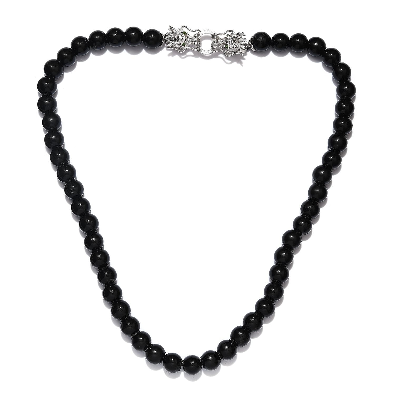Shungite (Rnd 10mm), Chrome Diopside Dragon Head Beads Necklace (Size 20) in Platinum Overlay Sterling Silver 235.20 Ct.