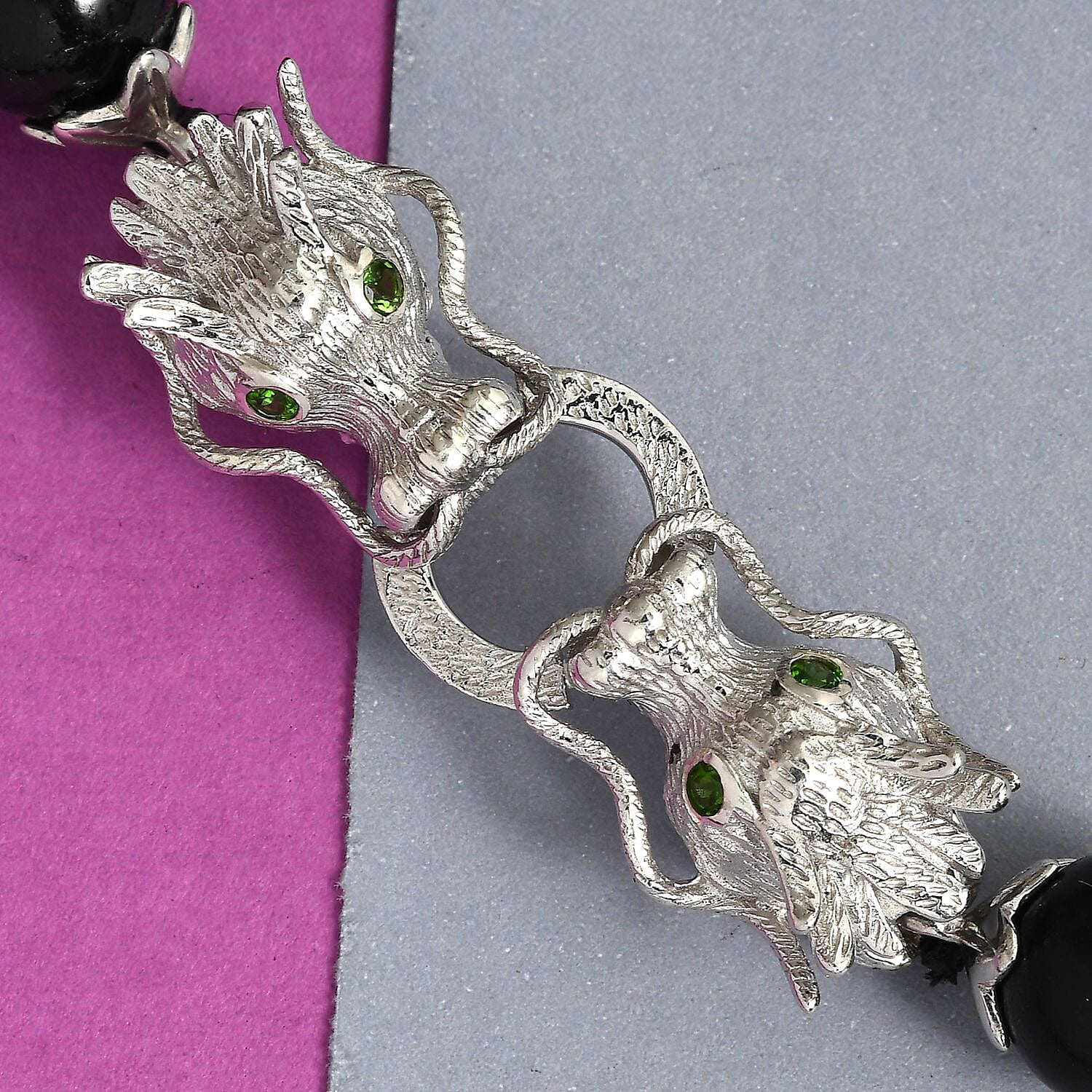 Shungite (Rnd 10mm), Chrome Diopside Dragon Head Beads Necklace (Size 20) in Platinum Overlay Sterling Silver 235.20 Ct.