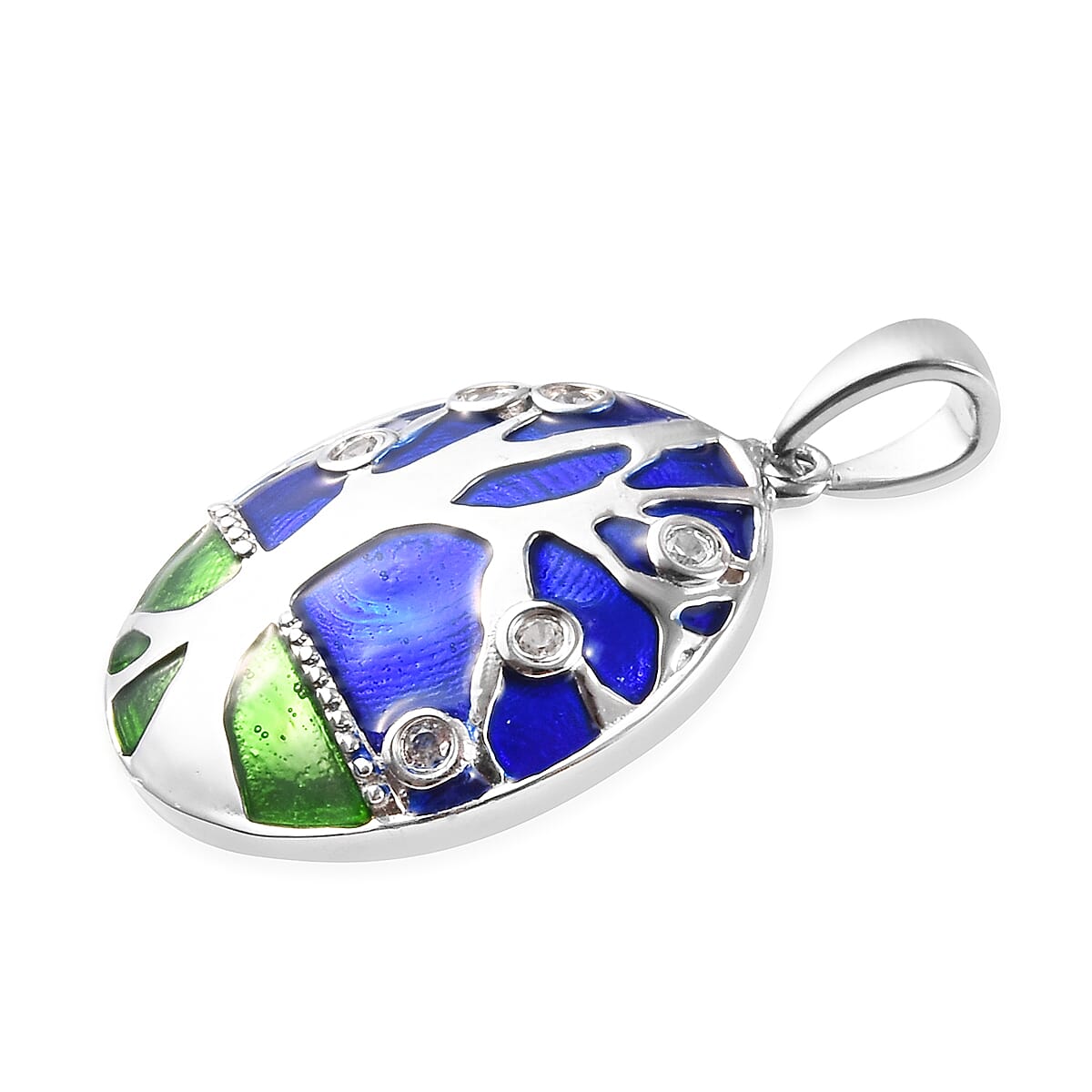 GP - Natural Cambodian Zircon & Blue Sapphire Enamelled Tree Pendant in Platinum Overlay Sterling Silver