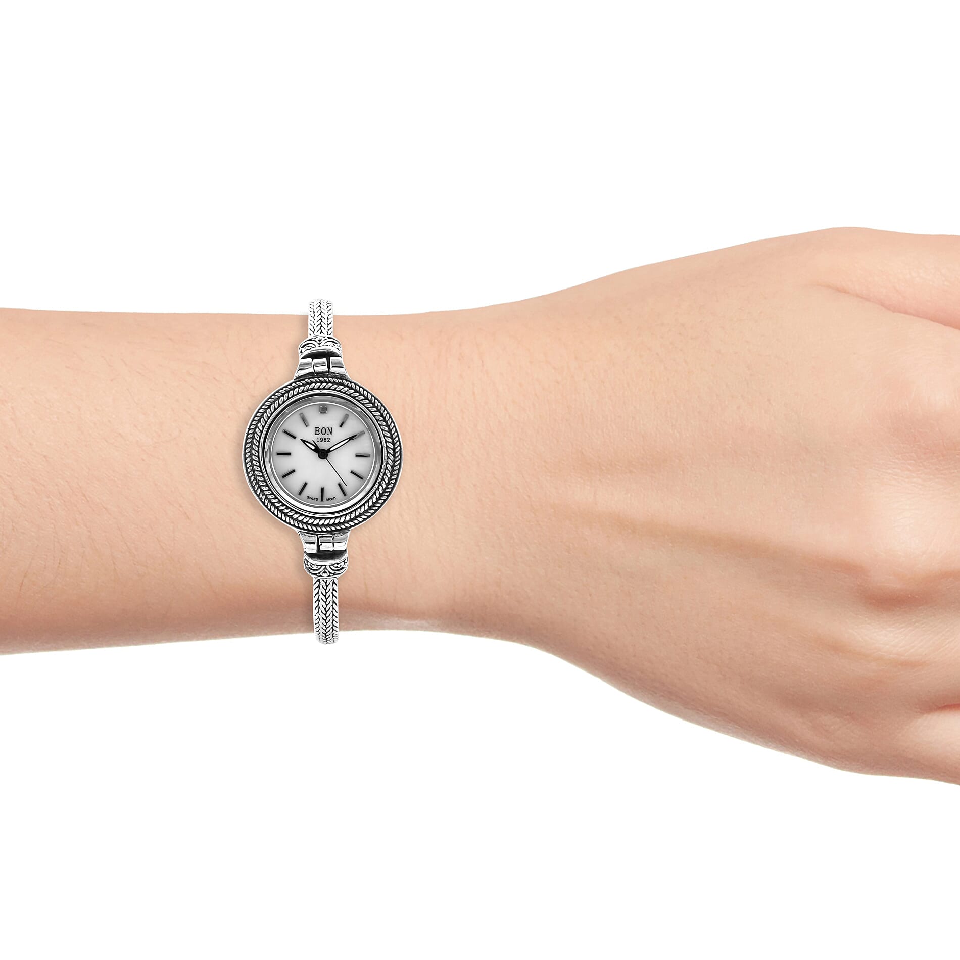 Royal Bali Collection - EON 1962 Swiss Movement Water Resistant Tulang Naga Bracelet Watch (Size 7.25 with Extender) in Sterling Silver, Silver wt 29.62 Gms