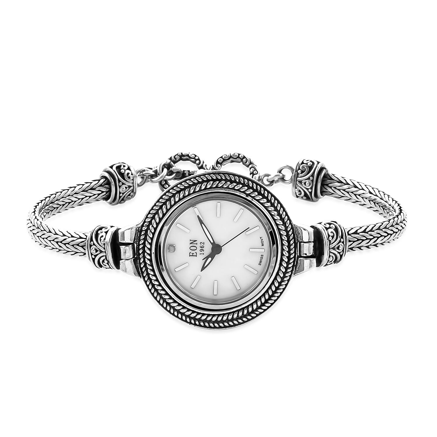 Royal Bali Collection - EON 1962 Swiss Movement Water Resistant Tulang Naga Bracelet Watch (Size 7.25 with Extender) in Sterling Silver, Silver wt 29.62 Gms