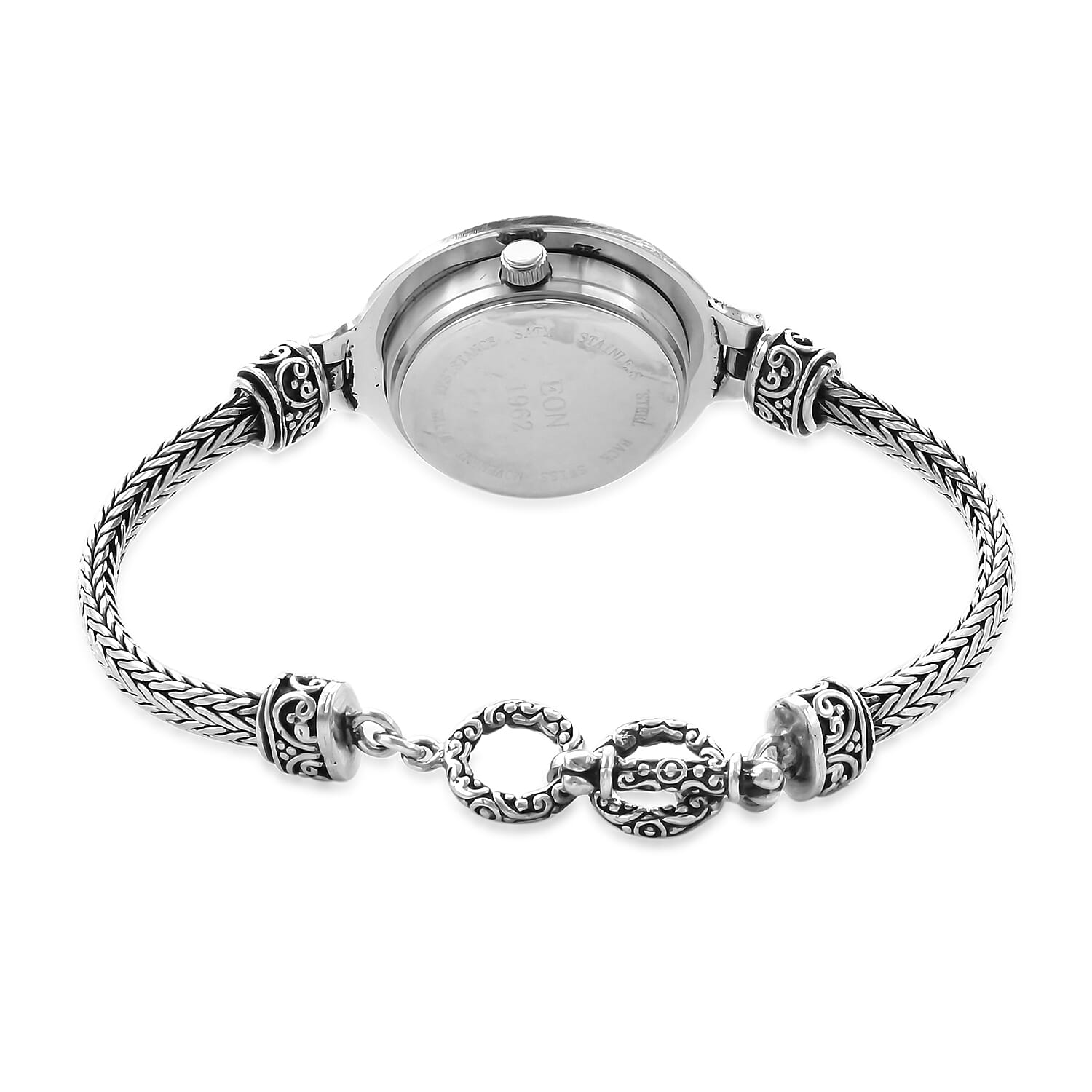 Royal Bali Collection - EON 1962 Swiss Movement Water Resistant Tulang Naga Bracelet Watch (Size 7.25 with Extender) in Sterling Silver, Silver wt 29.62 Gms