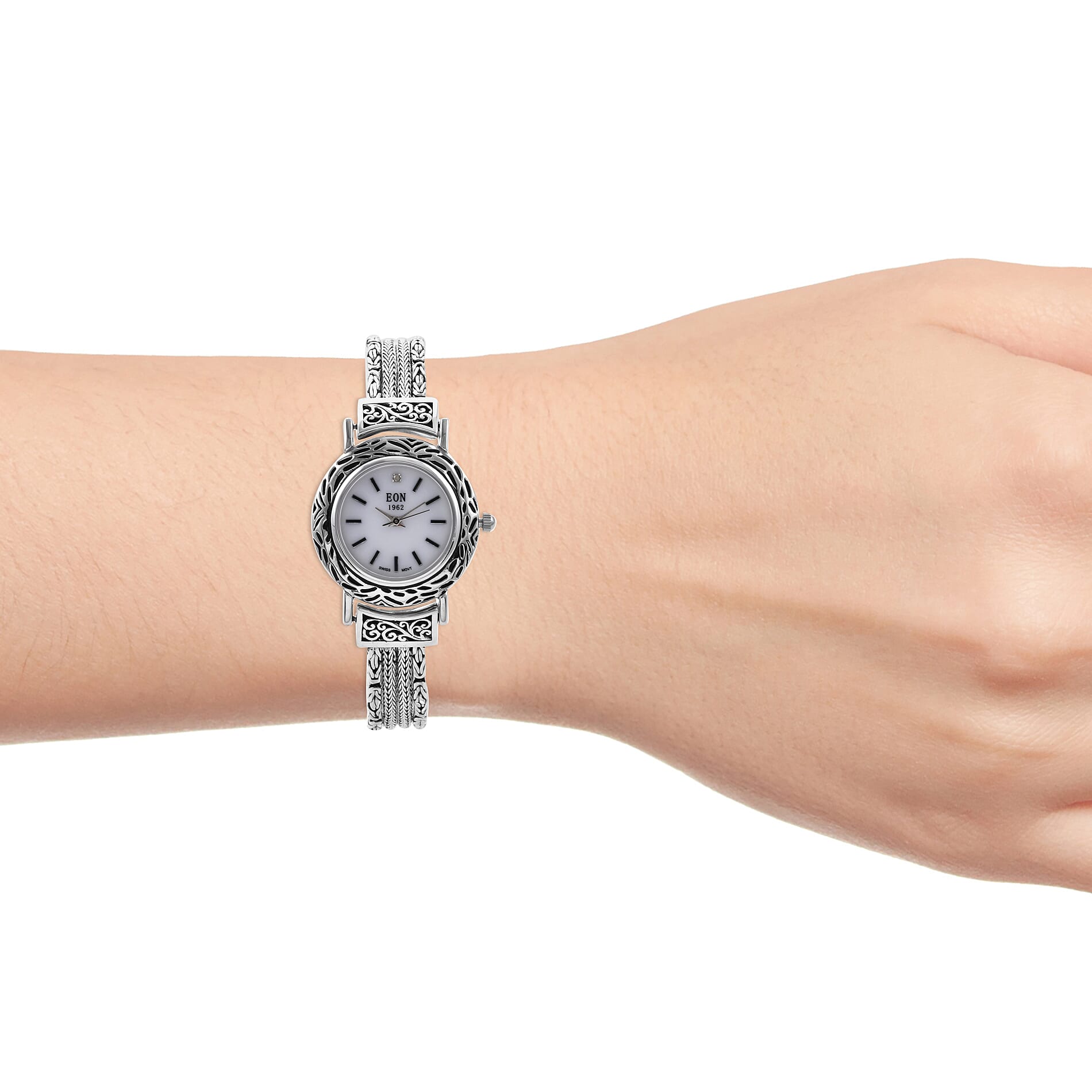 Royal Bali Collection - EON 1962 Swiss Movement Water Resistant  Bracelet Watch (Size 8) in Sterling Silver, Silver wt 46.00 Gms