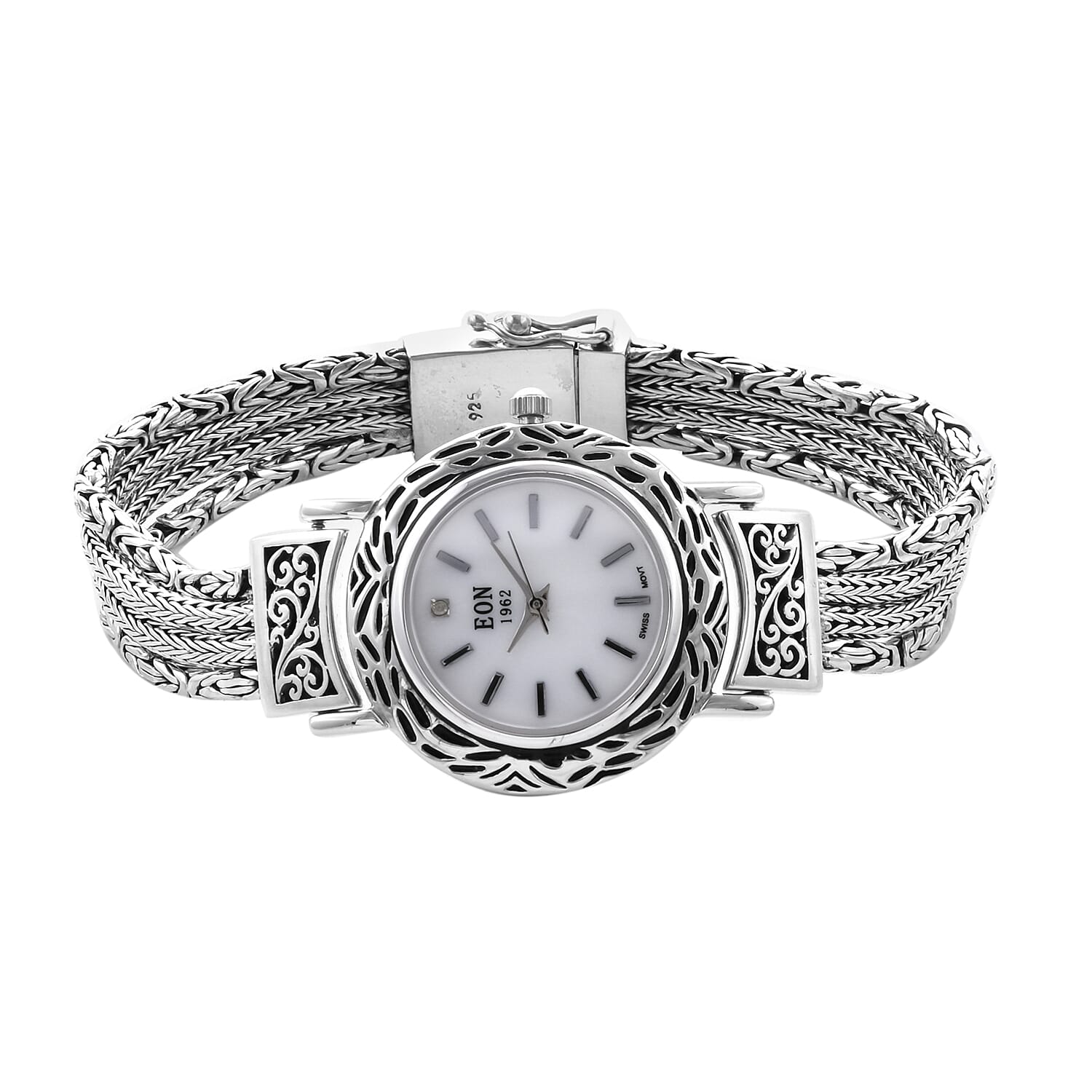 Royal Bali Collection - EON 1962 Swiss Movement Water Resistant  Bracelet Watch (Size 8) in Sterling Silver, Silver wt 46.00 Gms
