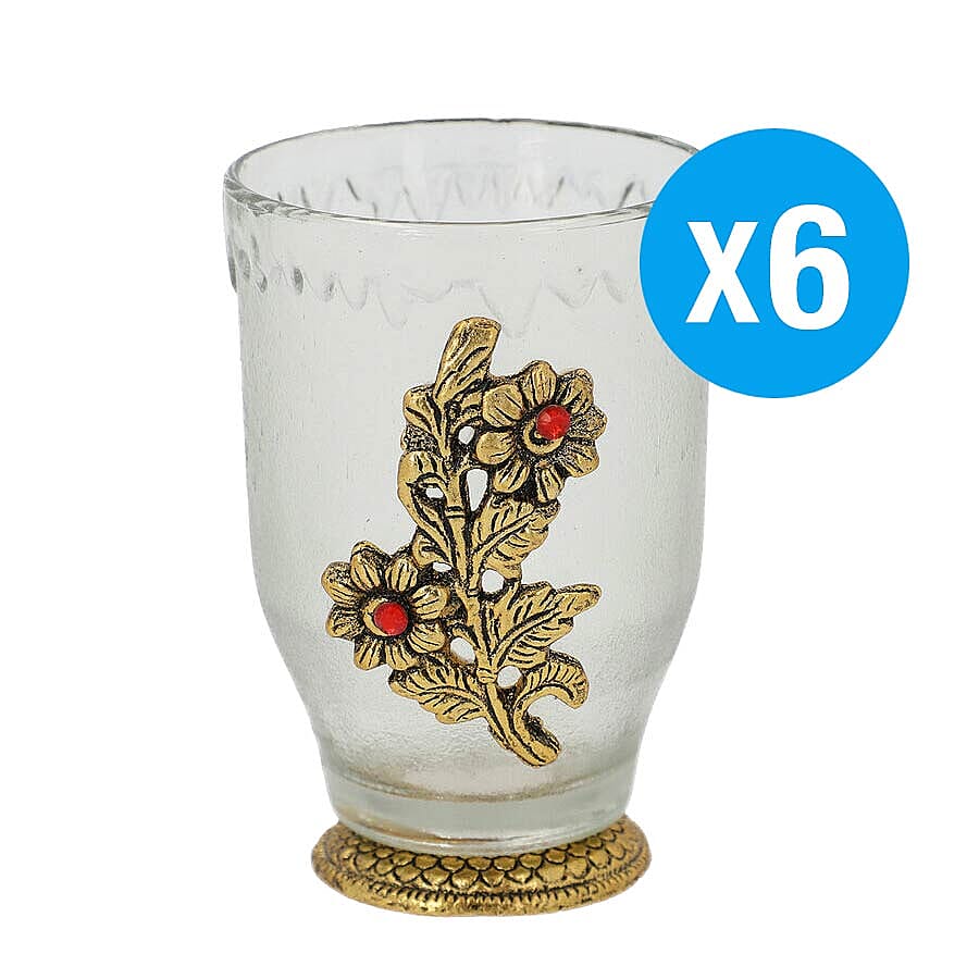 Set of 6 - Floral Design Drinking Glasses (Size 6.98x6.98x9.98cm) - Golden