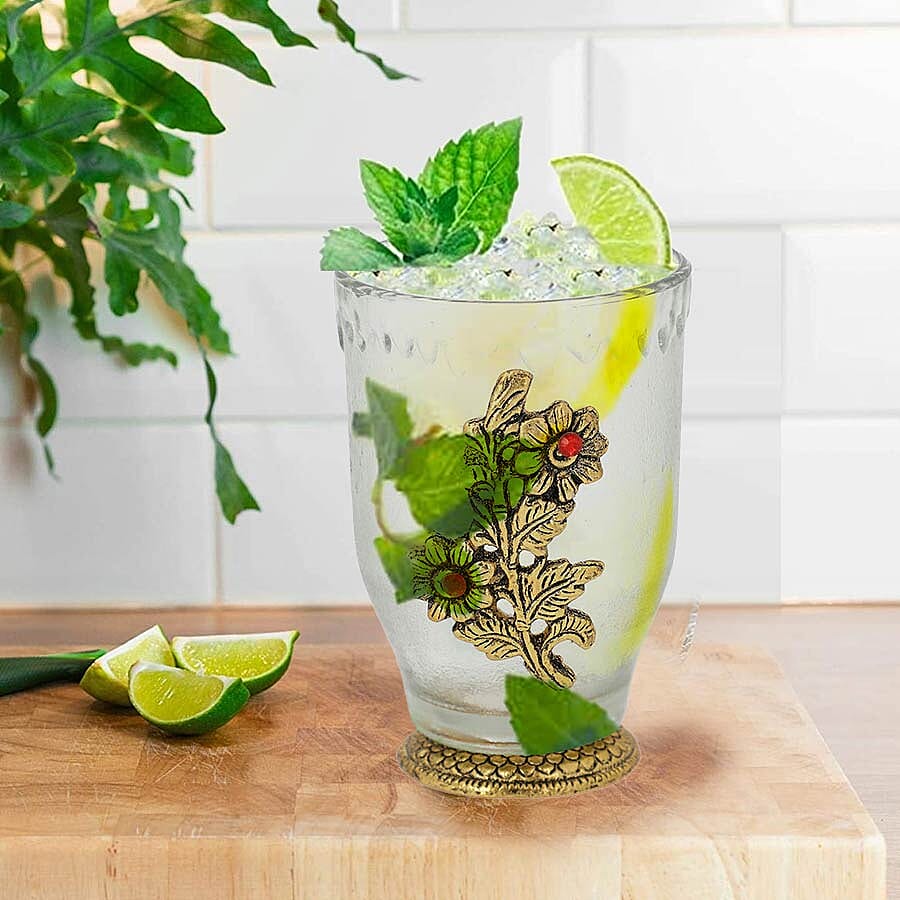 Set of 6 - Floral Design Drinking Glasses (Size 6.98x6.98x9.98cm) - Golden