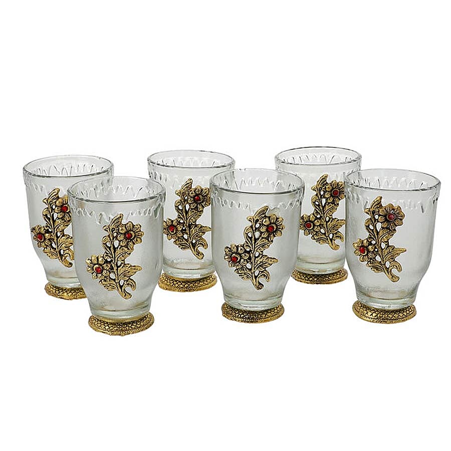 Set of 6 - Floral Design Drinking Glasses (Size 6.98x6.98x9.98cm) - Golden