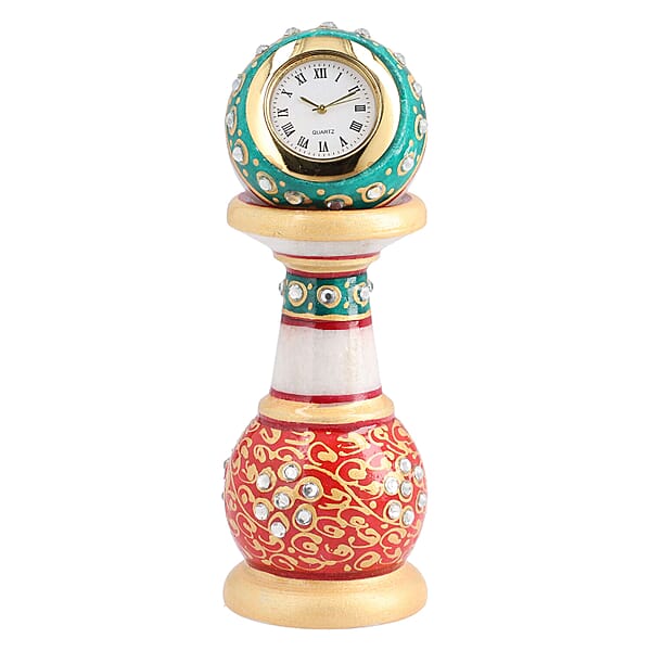Handcrafted Makrana Marble Table Clock with Rajasthani Hand Enamelling
