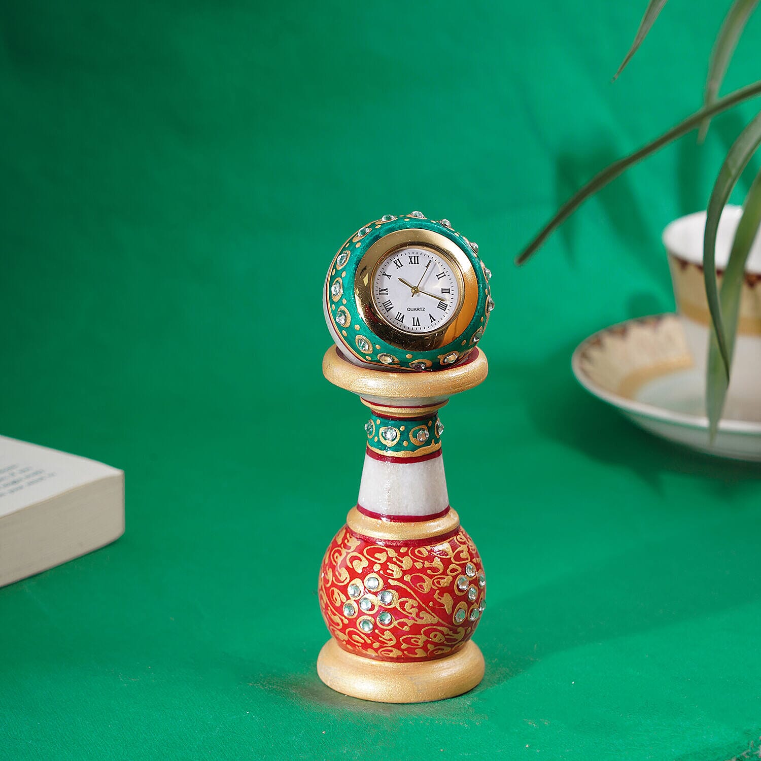 Handcrafted Makrana Marble Table Clock with Rajasthani Hand Enamelling (Size 15x5 Cm) - Orange
