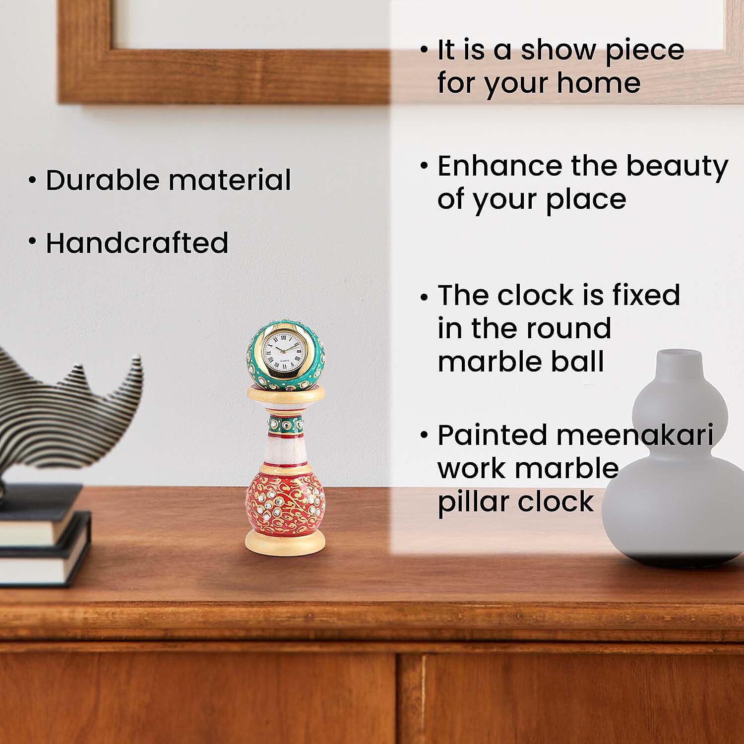 Handcrafted Makrana Marble Table Clock with Rajasthani Hand Enamelling (Size 15x5 Cm) - Orange