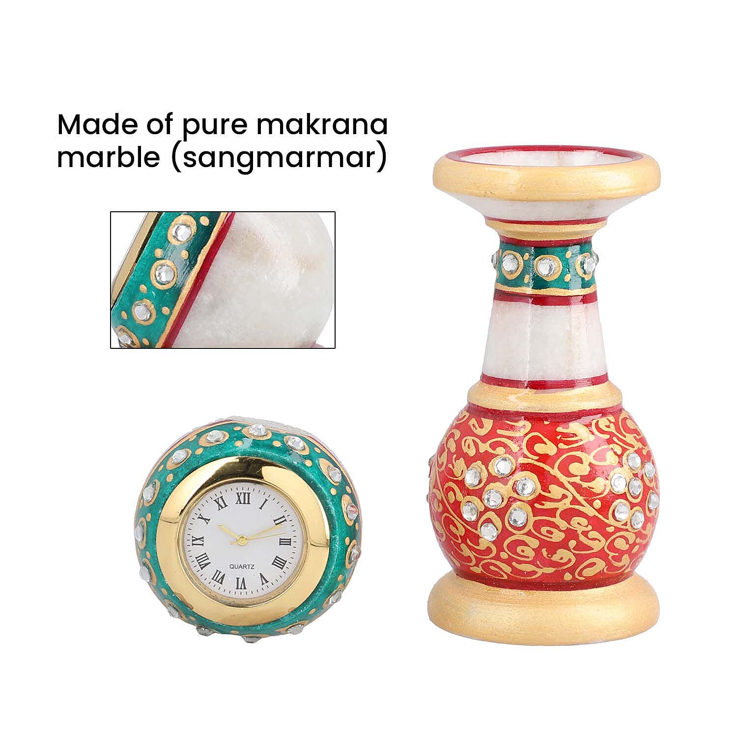 Handcrafted Makrana Marble Table Clock with Rajasthani Hand Enamelling (Size 15x5 Cm) - Orange