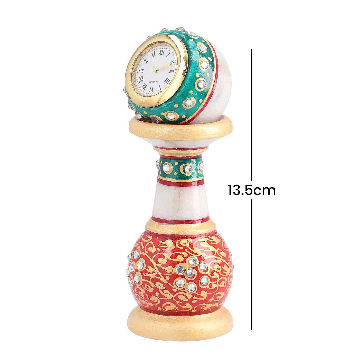 Handcrafted Makrana Marble Table Clock with Rajasthani Hand Enamelling (Size 15x5 Cm) - Orange