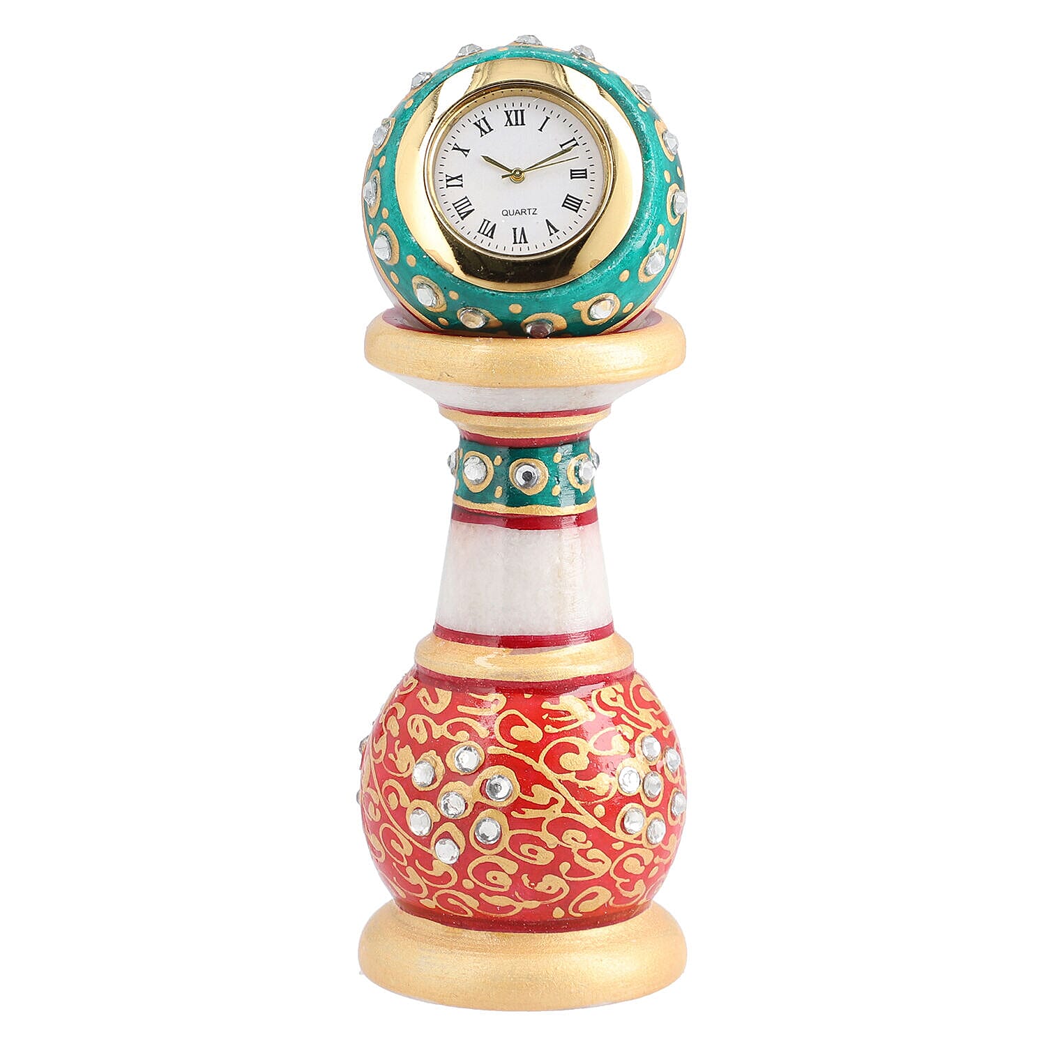 Handcrafted Makrana Marble Table Clock with Rajasthani Hand Enamelling (Size 15x5 Cm) - Orange