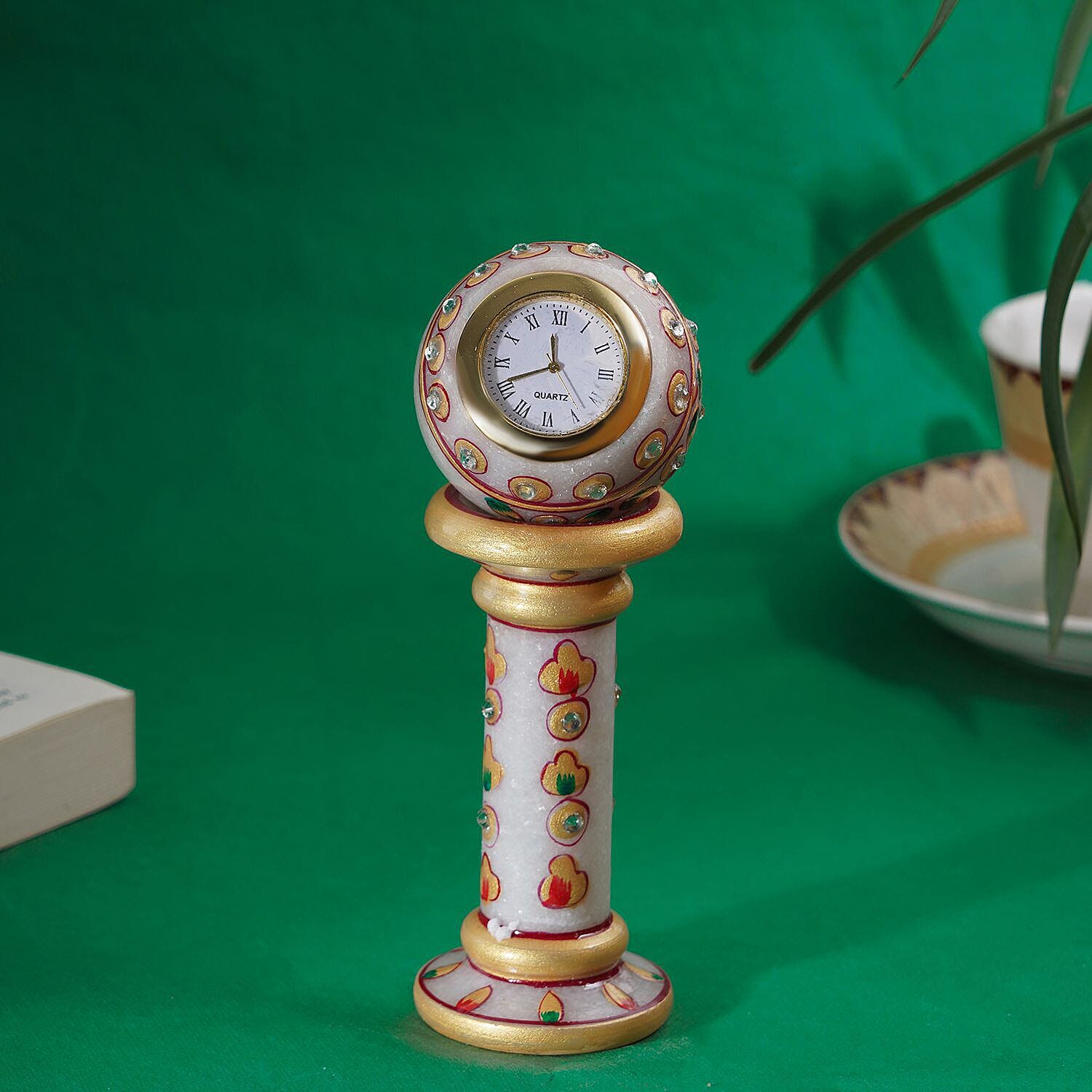 Handcrafted Makrana Marble Table Clock with Rajasthani Hand Enamelling (Size 15x5 Cm) - White