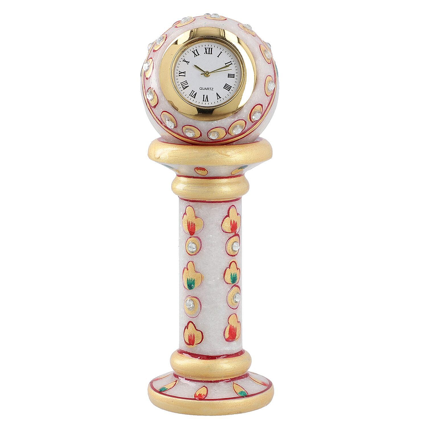 Handcrafted Makrana Marble Table Clock with Rajasthani Hand Enamelling (Size 15x5 Cm) - White