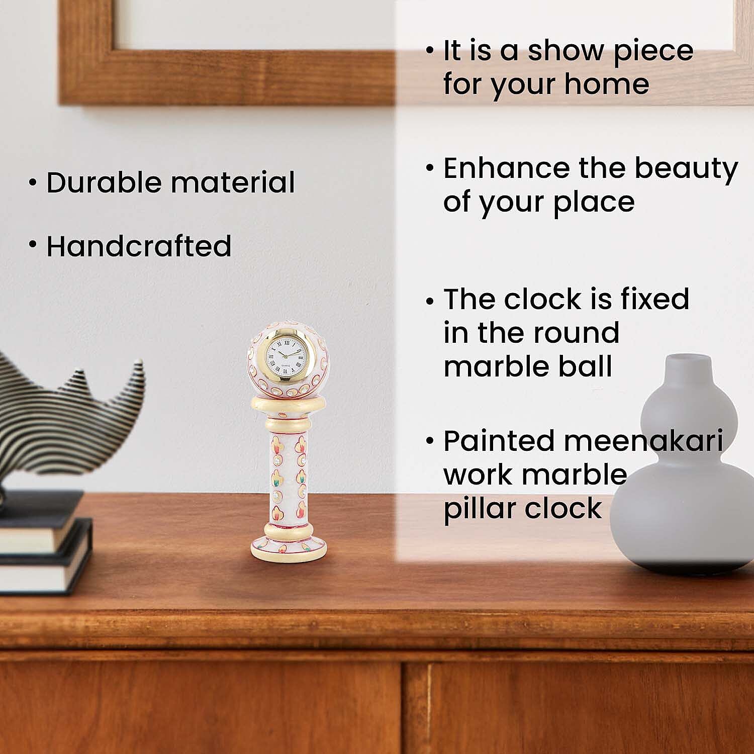 Handcrafted Makrana Marble Table Clock with Rajasthani Hand Enamelling (Size 15x5 Cm) - White