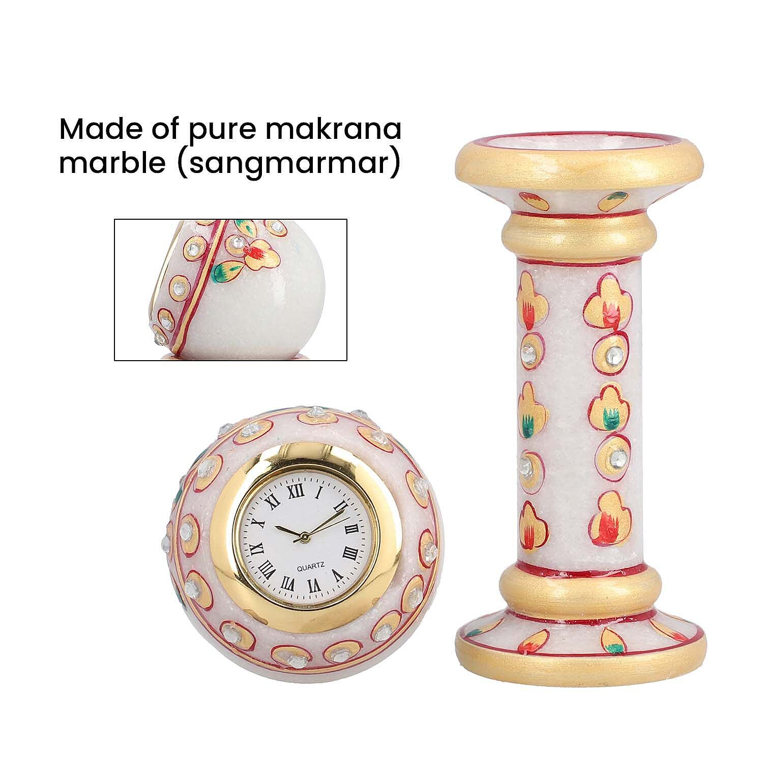 Handcrafted Makrana Marble Table Clock with Rajasthani Hand Enamelling (Size 15x5 Cm) - White