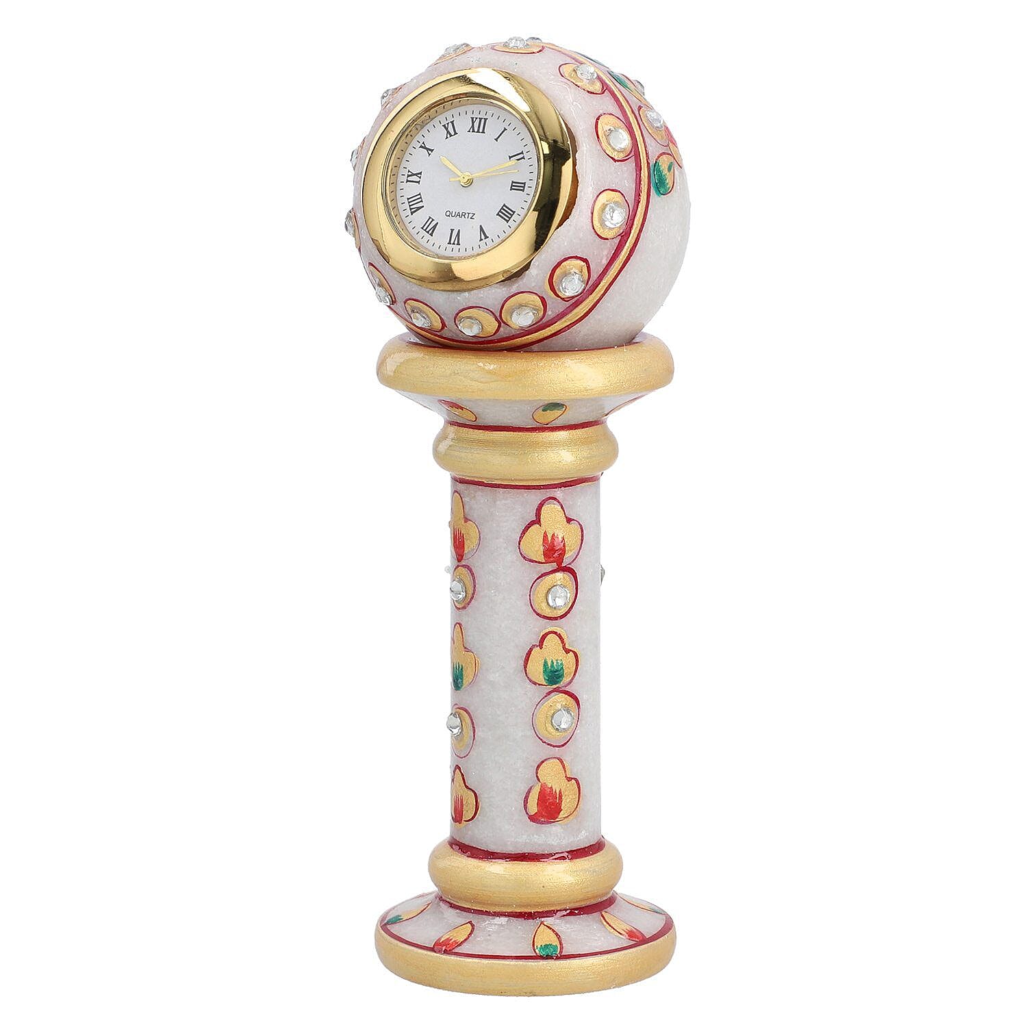 Handcrafted Makrana Marble Table Clock with Rajasthani Hand Enamelling (Size 15x5 Cm) - White