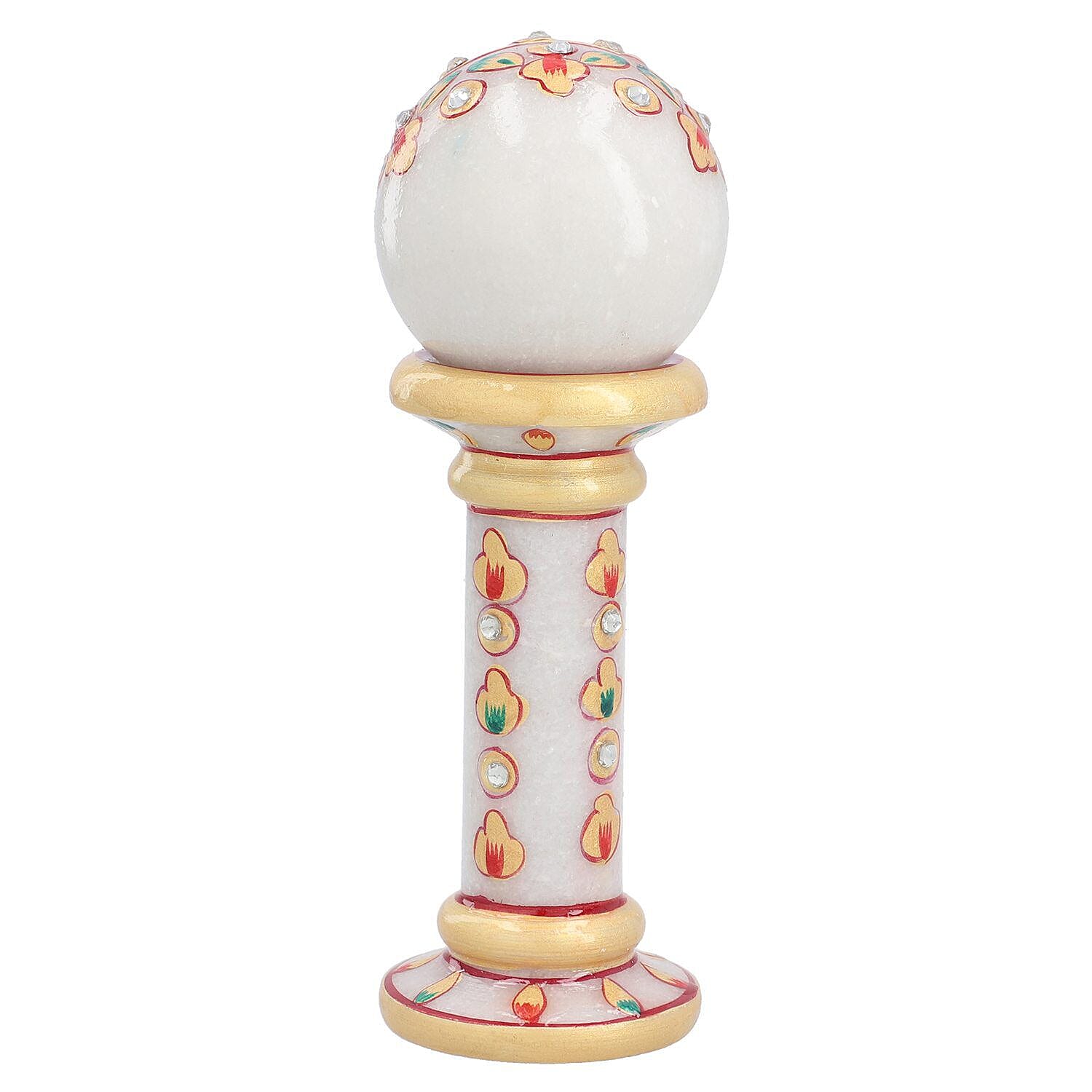 Handcrafted Makrana Marble Table Clock with Rajasthani Hand Enamelling (Size 15x5 Cm) - White