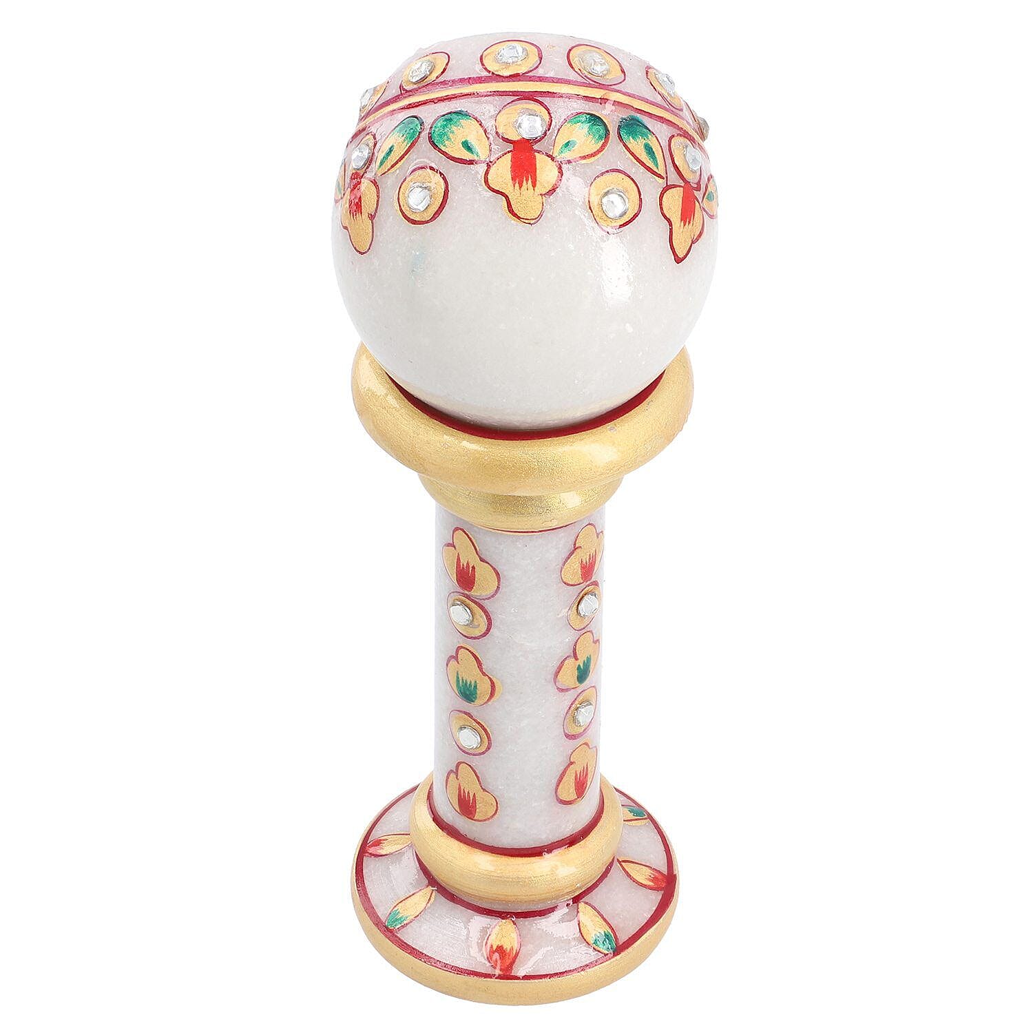 Handcrafted Makrana Marble Table Clock with Rajasthani Hand Enamelling (Size 15x5 Cm) - White