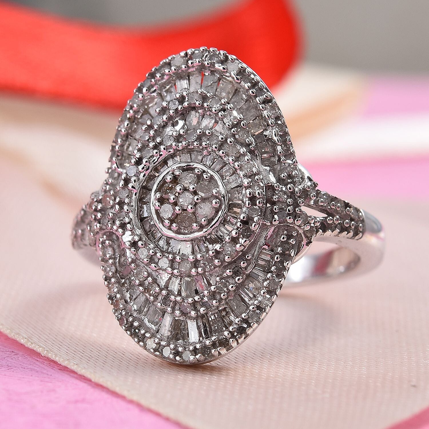 GP Diamond (Rnd and Bgt), Blue Sapphire Cluster Ring in Platinum Overlay Sterling Silver 0.78 Ct.