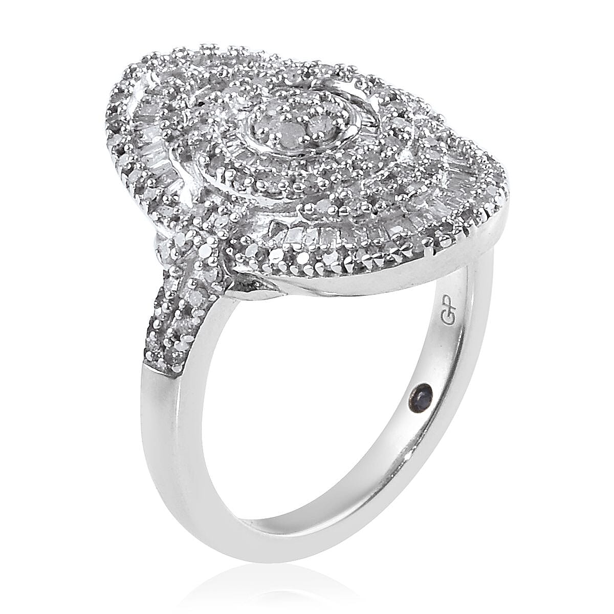 GP Diamond (Rnd and Bgt), Blue Sapphire Cluster Ring in Platinum Overlay Sterling Silver 0.78 Ct.