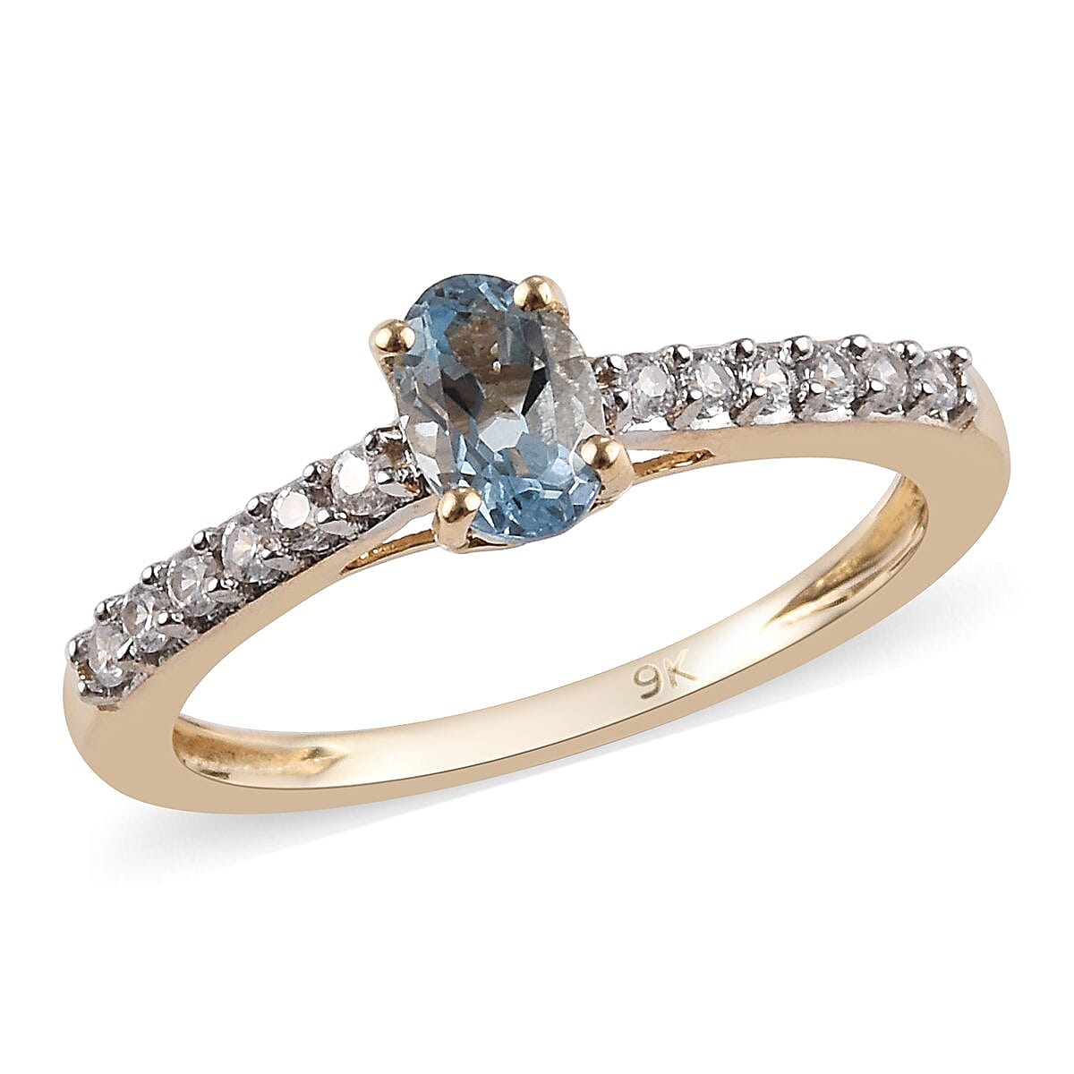 9K Yellow Gold AA Espirito Santo Aquamarine (Ovl 6x4mm), Natural Cambodian Zircon Ring 0.65 Ct.