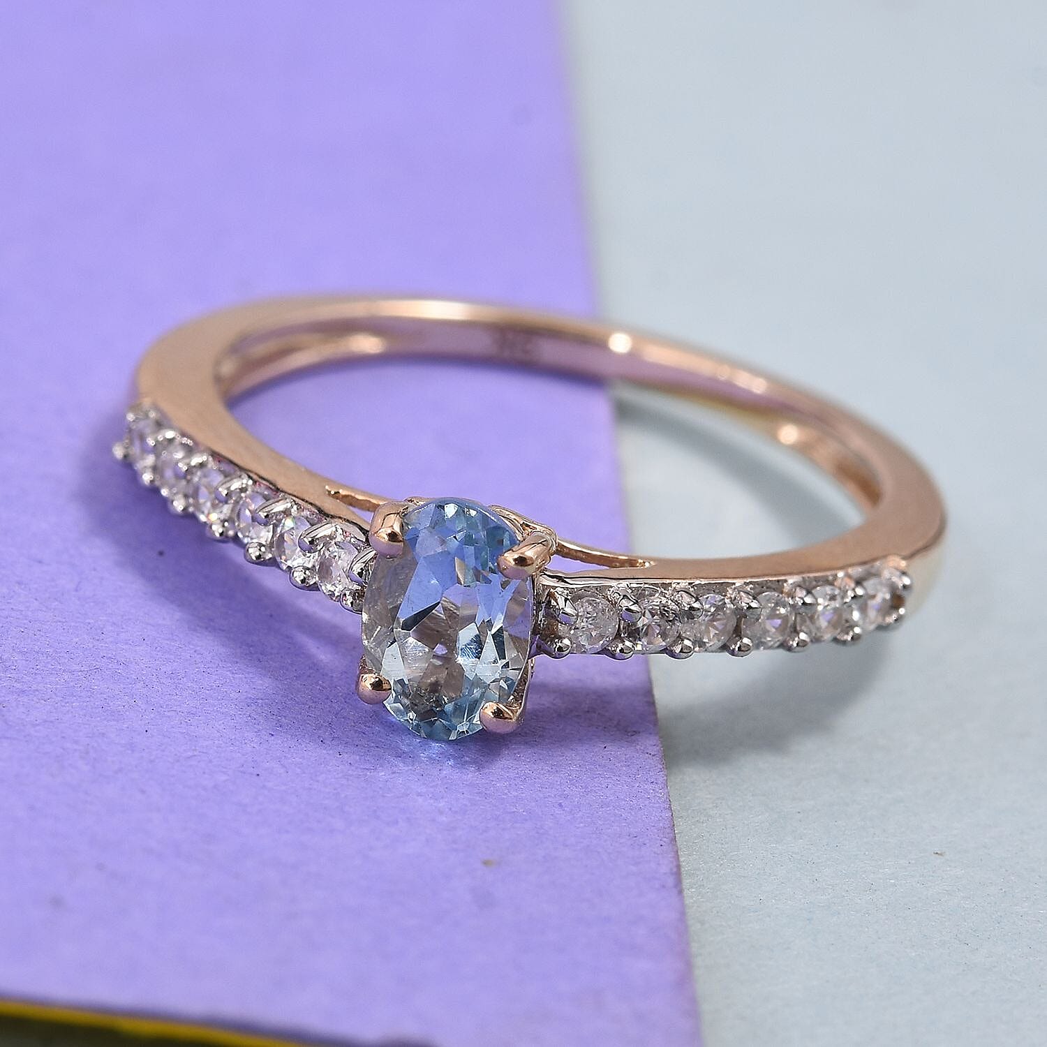 9K Yellow Gold AA Espirito Santo Aquamarine (Ovl 6x4mm), Natural Cambodian Zircon Ring 0.65 Ct.