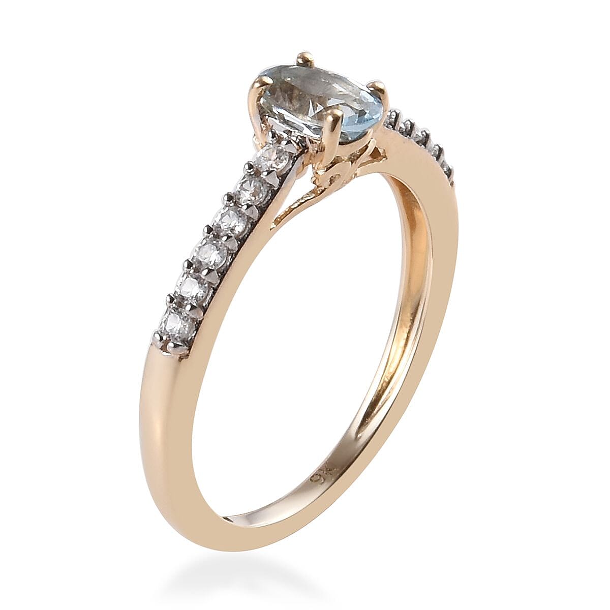9K Yellow Gold AA Espirito Santo Aquamarine (Ovl 6x4mm), Natural Cambodian Zircon Ring 0.65 Ct.