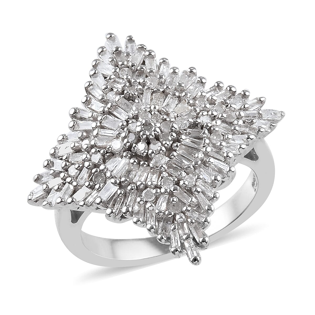 Diamond (Rnd and Bgt) Cluster Ring in Platinum Overlay Sterling Silver 1.00 Ct., Silver wt 5.38 Gms, Number of Diamonds 109
