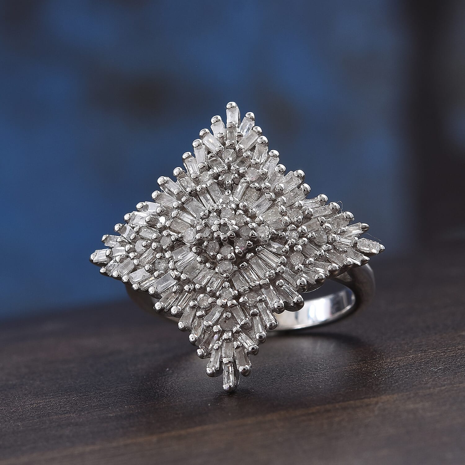 Diamond (Rnd and Bgt) Cluster Ring in Platinum Overlay Sterling Silver 1.00 Ct., Silver wt 5.38 Gms, Number of Diamonds 109