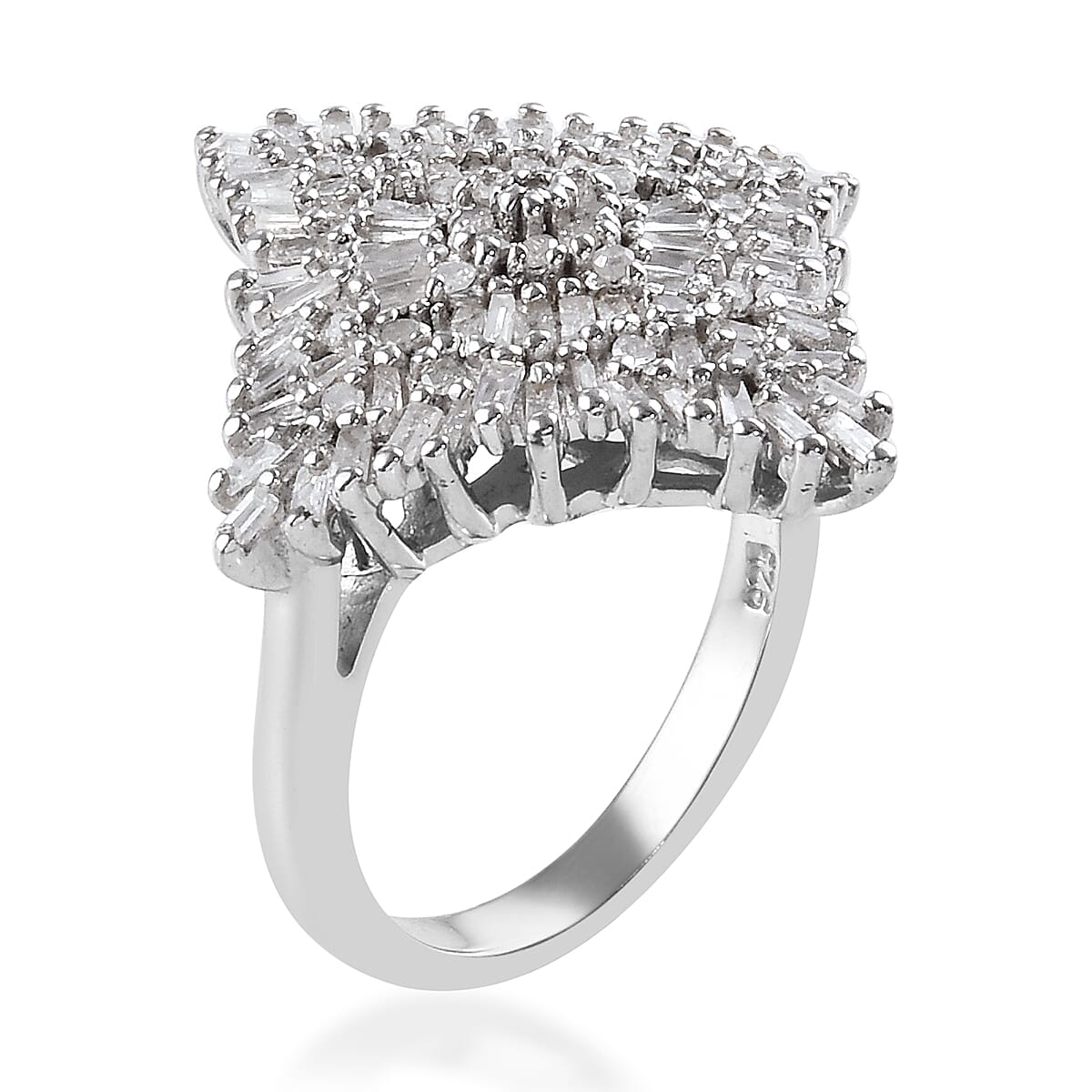 Diamond (Rnd and Bgt) Cluster Ring in Platinum Overlay Sterling Silver 1.00 Ct., Silver wt 5.38 Gms, Number of Diamonds 109