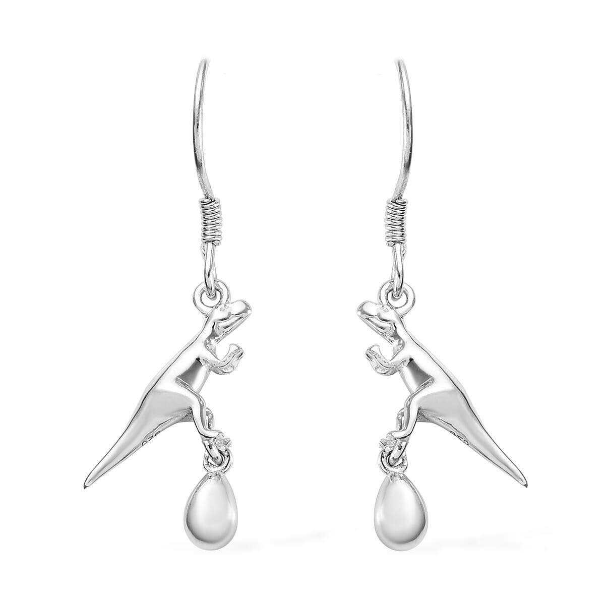 T Rex Dinosaur on Egg Hook Earrings in Platinum Overlay Sterling Silver