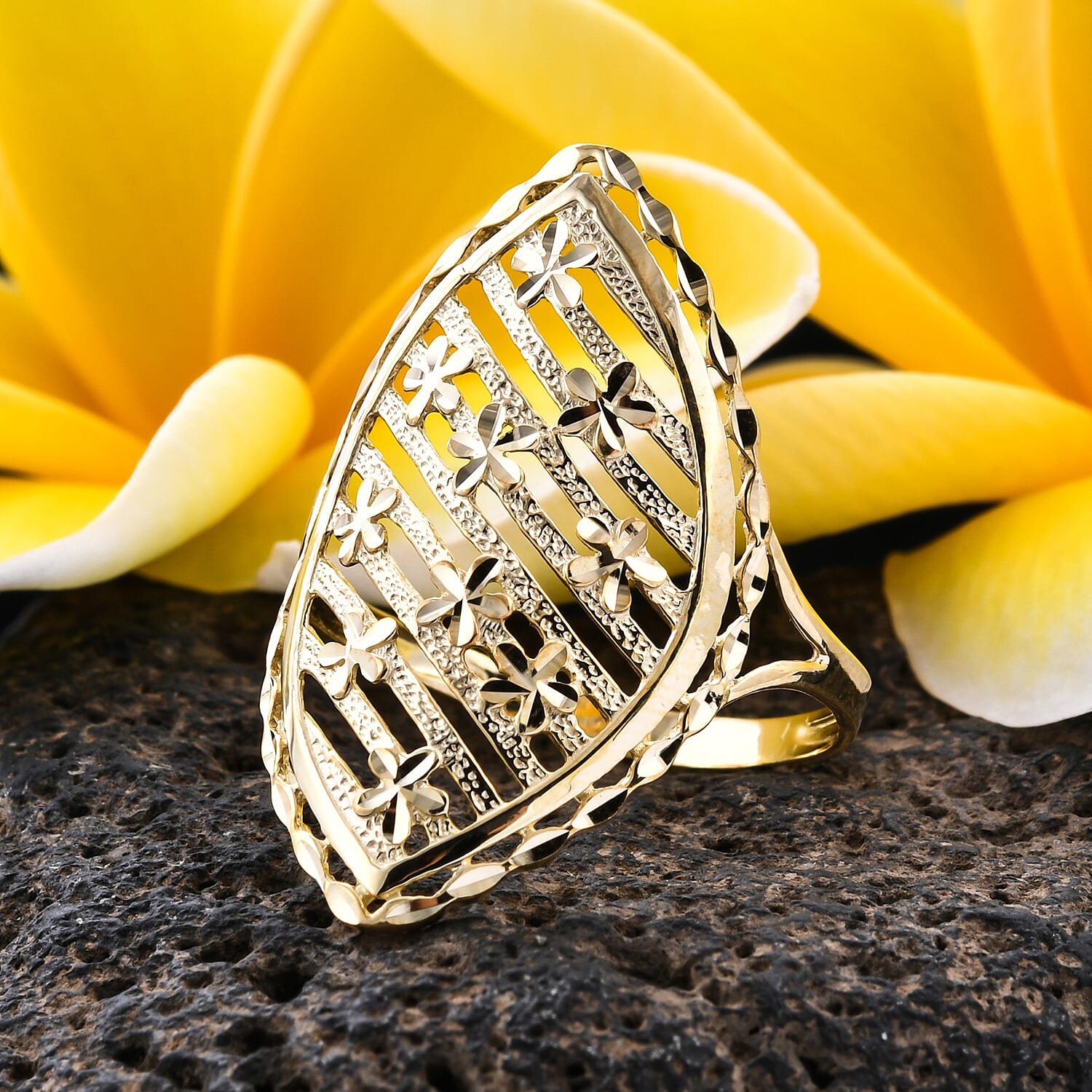 Royal Bali Collection - 9K Yellow Gold Diamond Cut Floral Ring, Gold wt 2.22 Gms