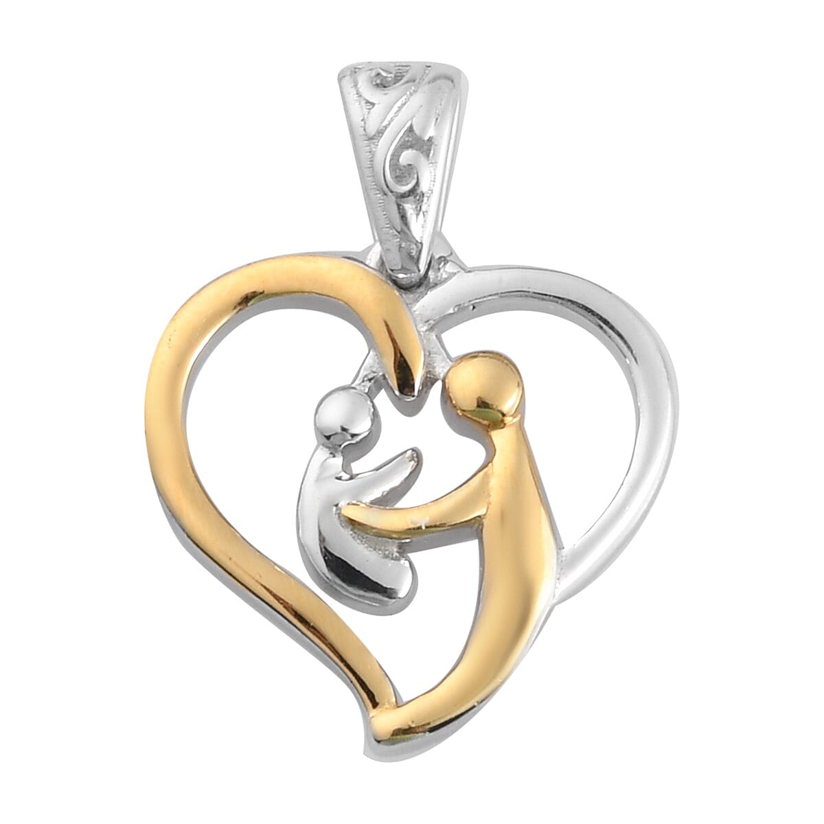 Platinum and Yellow Gold Sterling Silver Mother Child Heart Pendant