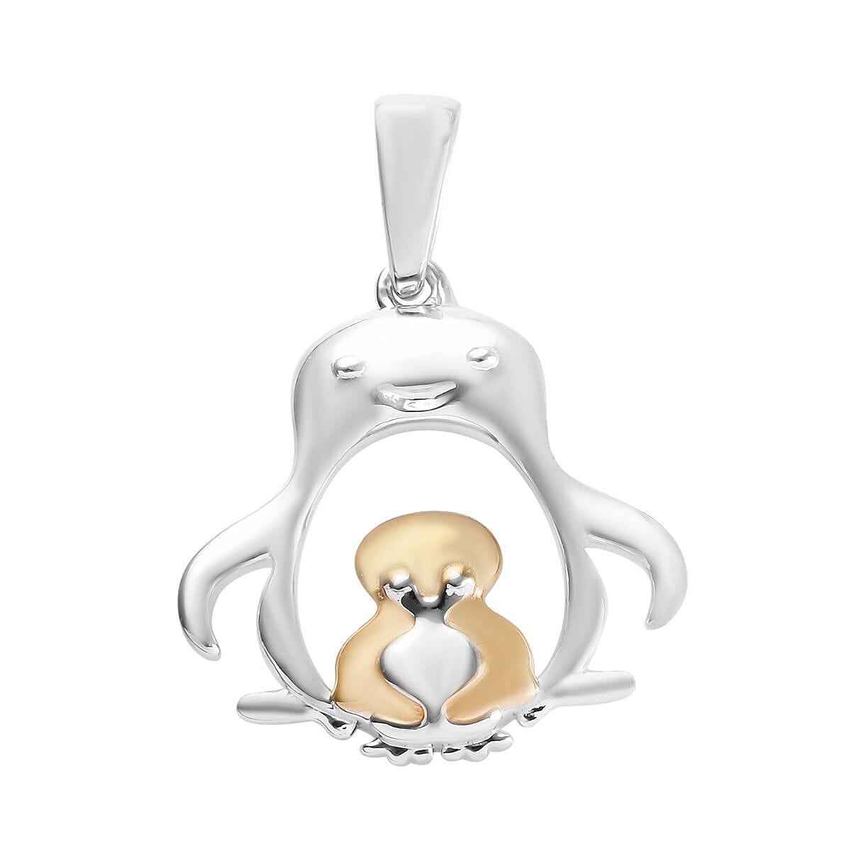 Platinum and Yellow Gold Overlay Sterling Silver Penguin Mother Child Pendant
