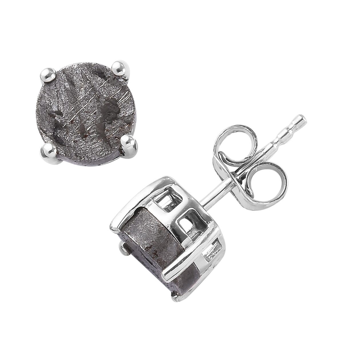 Tucson Special - Meteorite (Rnd) Stud Earrings (with Push Back) in Platinum Overlay Sterling Silver